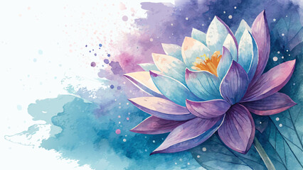 Watercolor lotus flower in vibrant blue and purple, symbolizing enlightenment and purity for Vesak with copy space  
