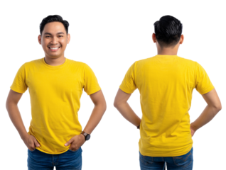 Handsome young Asian man in yellow t-shirt with space for your design isolated on transparent background