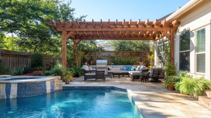 Backyard oasis Poolside pergola, patio furniture, lush landscaping, suburban home