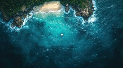 Obraz premium Aerial view of a serene beach with turquoise waters and rocky coastline