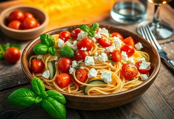 Delicious pasta salad with fresh vegetables and cheese