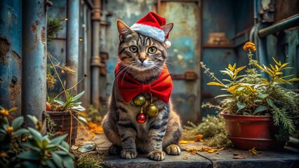 Festive Feline in a Santa Hat A Charming Gray Tabby Cat Embraces the Urban Christmas Spirit
