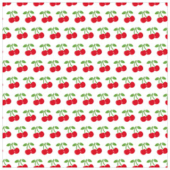 A seamless pattern featuring clusters of red cherries with green leaves on a white background, It could be used as a wallpaper, fabric design, curtain, pillow or other decorative element