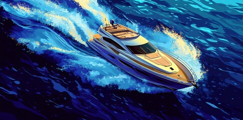 Sleek luxury yacht cuts through dark blue ocean water creating a dynamic wake Perfect for travel and lifestyle advertising