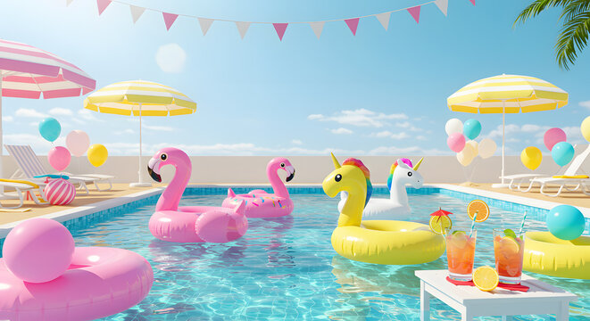 Pastel Pool Party: Flamingo, Unicorn Inflatables & Festive Decor