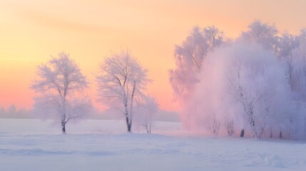 Winter Frost: A serene winter scene, where trees are elegantly adorned with frost, bathed in the soft, pastel hues of a winter sunrise.