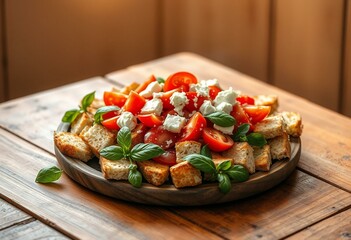 Rustic wooden table with Panzanella Salad and soft background