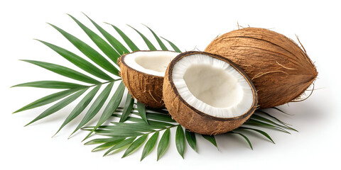 Fresh raw coconut with palm leaves isolated on white background. High resolution image