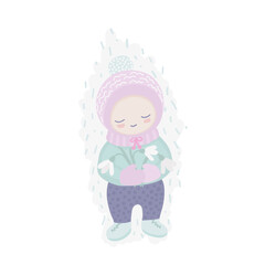 Illustration of a smiling kid holding snowdrops in the snow. This sweet little scene with the boy child in soft pastel colors, perfect for creating prints, cards, or stickers.
