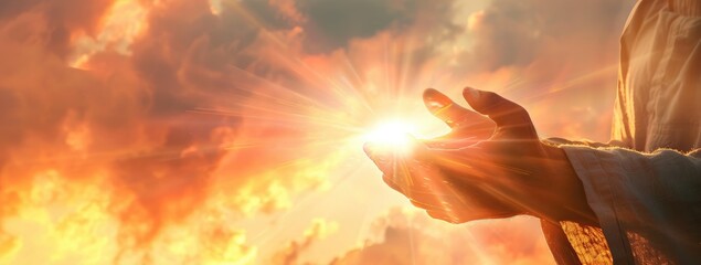 close up of Jesus hands reaching out with glowing light radiating from his hand