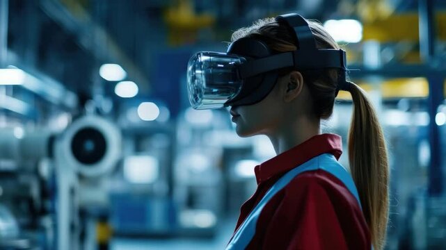 Female Worker Using Virtual Reality Headset in Industrial Setting for Training, Simulation, or Design in Modern Manufacturing Environment
