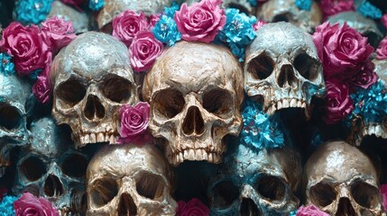 Ornate skulls adorned with vibrant pink and teal flowers