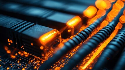 Super computer network cables sparkling in data center glowing environment high-tech concept