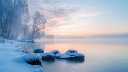 Serene Winter Lake: A tranquil and majestic winter scene unfolds, with a frosted shoreline and the gentle mist rising from the lake, painted with the soft hues of a winter dawn.