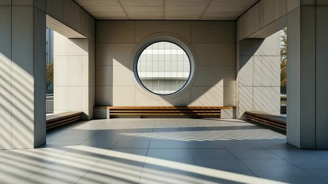 Experience a tranquil moment in a sleek urban space, featuring a distinct circular window that frames the outside world.