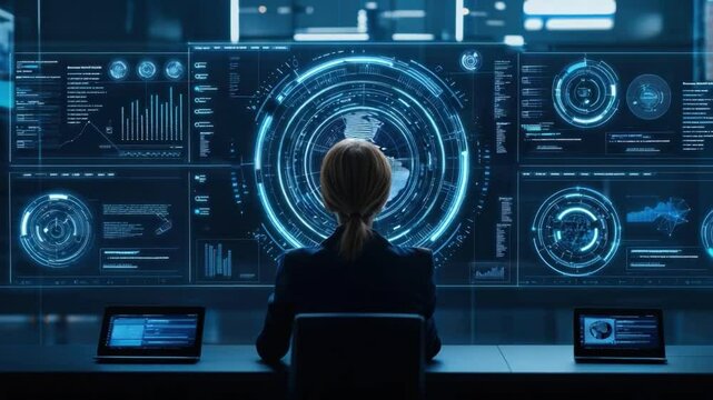 Female analyst observing advanced data dashboard in high-tech office, focusing on digital graphs, analytics, and futuristic interface design in cybersecurity context