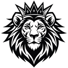 Bold Black & White Illustration Majestic Lion King Emblem with Crown