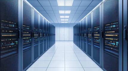 Advanced super computer systems data center infrastructure overview high-tech environment wide-angle perspective