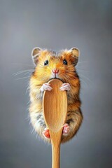 Hamster gnawing on a wooden spoon 