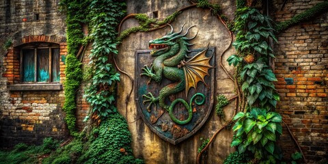 Obraz premium Hidden Urban Majesty Majestic Dragon Shield Coat of Arms Graffiti Art in a City Exploration Adventure
