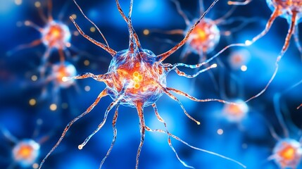 Microscopic view of nerve cells.  Complex network of neurons in high detail.  Detailed cellular structure with intricate processes
