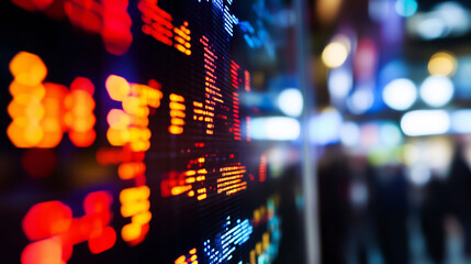 Blurry and colorful digital stock ticker screen showing financial data in a night environment with urban reflections. Concept of trading, finance, economy, and digital technology.