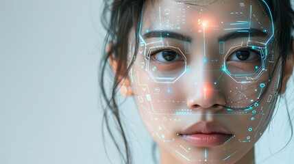 Young Woman's Face with Futuristic Holographic Scan Overlay A Close Up Portrait Showing Technological Interface