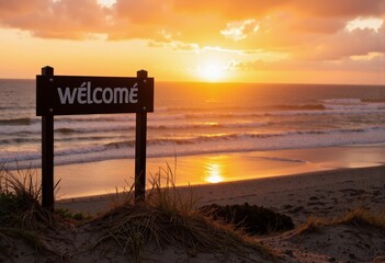Welcome sign at sunset over tranquil beach scenery  