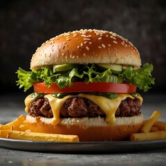 Juicy Cheeseburger with Fresh Vegetables and Golden French Fries