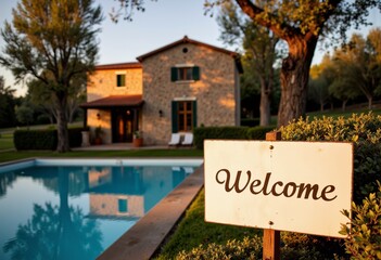 Obraz premium Stone house with swimming pool and welcome sign at sunset 