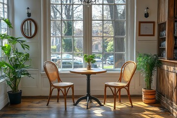 Elegant French Bistro Table and Chairs with Chandelier and Natural Light in Cozy Room