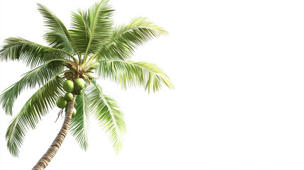 Fototapeta premium coconut tree banner, copy space for text, clean white background, png style image, illustration of tall coconut tree with fresh green leaves waving in the wind, some coconuts hanging on the trunk, whi