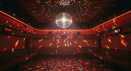 Retro Disco Room: Red Lighting, Mirror Ball, and Sparkling Streaks
