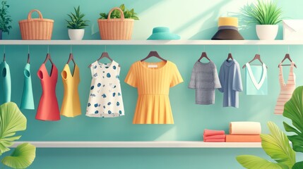 Fototapeta premium Summer dresses shelf, sunny room