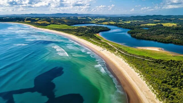 Breathtaking aerial view of the sandy beach at Nelson Lagoon surrounded by lush greenery, Aerial view of sandy beach of Nelson Lagoon near Tathra, Narooma, NSW Australia