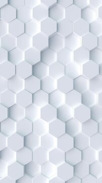 Mosaic surface with moving white hex shapes. Abstract geometric background. 4K loop vertical animation.