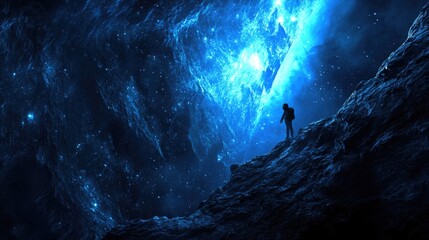 Astronaut on alien mountain gazing at a vibrant nebula