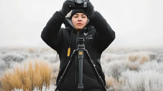 In a mystical landscape shrouded in fog, a dedicated photographer readies their camera on a tripod, ready to immortalize nature's serene beauty during the early morning hours.