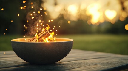 Cozy Fire Pit Scene: A warm, inviting image showcasing a fire pit, embers and flames create a cozy and relaxing atmosphere, perfect for outdoor gatherings and serene moments. 