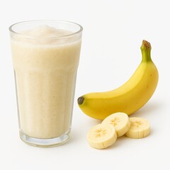 A refreshing banana smoothie in a glass alongside a whole banana and banana slices.