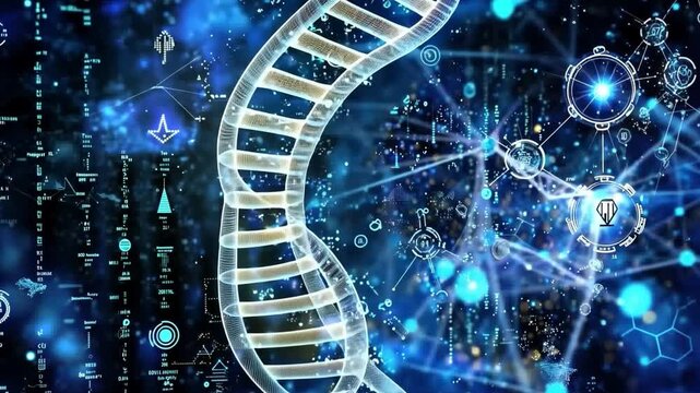 A futuristic abstract design combining biotechnology, AI, and molecular structures.