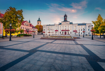 Beautiful morning cityscape of Plock town, Masovian Voivodeship. Wonderful summer sunrise on Market...