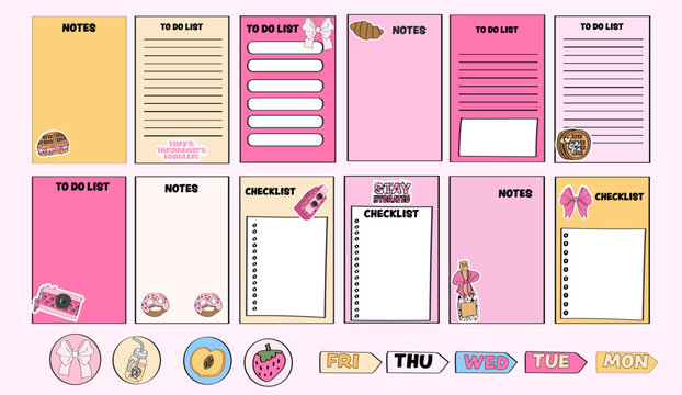 set of checklists, to-do lists, notes, memo pad, and notepad pages.