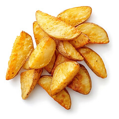 Golden and crispy potato wedges with a perfectly fried exterior and soft interior, isolated white background, hyperrealism art style