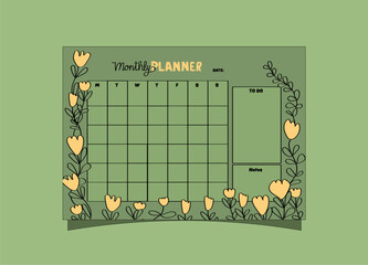 yellow flower monthly planner template. Planner for daily and weekly organizing.