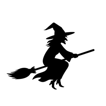 Witch silhouette flying on broomstick against a plain background  