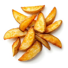 Golden and crispy potato wedges with a perfectly fried exterior and soft, fluffy interior, isolated white background