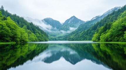 Fototapeta premium Serene mountain lake reflecting lush greenery. Misty peaks rise above tranquil waters