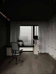 Corner view of classical bedroom interior with bed and work table with laptop, carpet on hardwood floor. Cozy rest and work zone. Panoramic window on Bangkok skyscrapers. 3D rendering