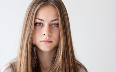 Fototapeta premium A close-up portrait of a serious teenage girl with long straight hair, pure white background